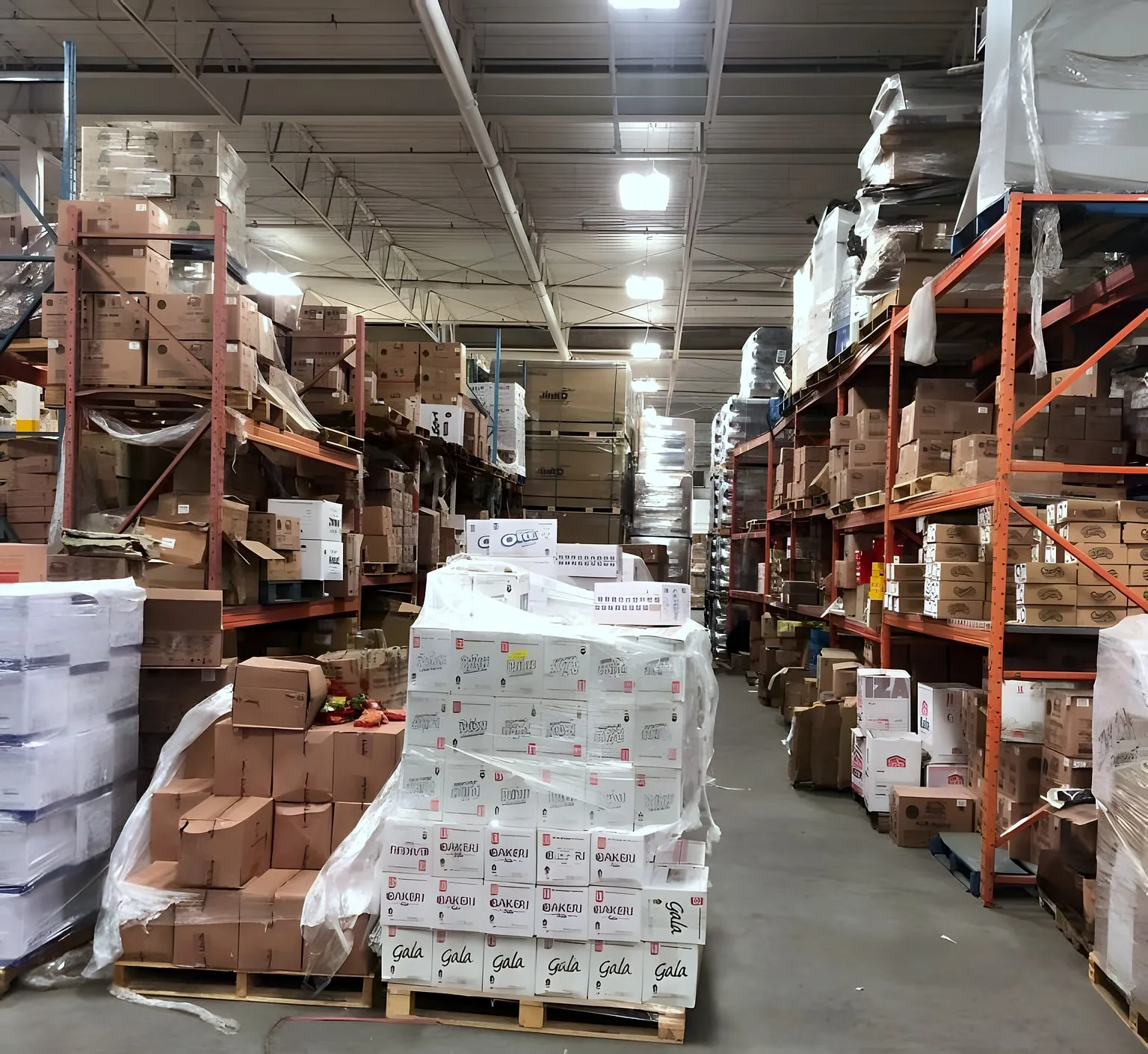 Aisles of stocked pallets in a Premium Foods warehouse